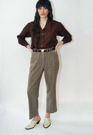 90S PLAID TROUSERS (UK 12) VINTAGE GREY PANTS ANKLE CROP