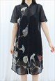 90s Vintage Black Floral Mesh Collared Dress