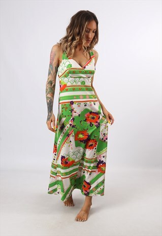 DRESS PATTERNED FLORAL PRINT VINTAGE LONG UK 8 - 10 (CG3R)