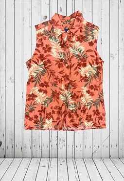 vintage orange floral Hawaiian print sleeveless shirt 