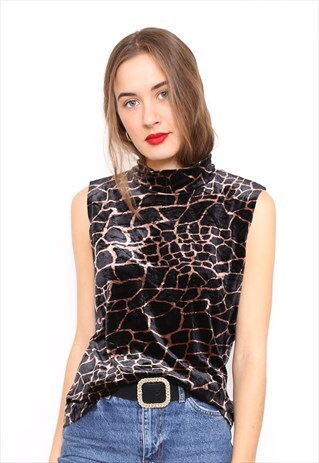 VINTAGE 90S BROWN PRINT VELVET PARTY TOP