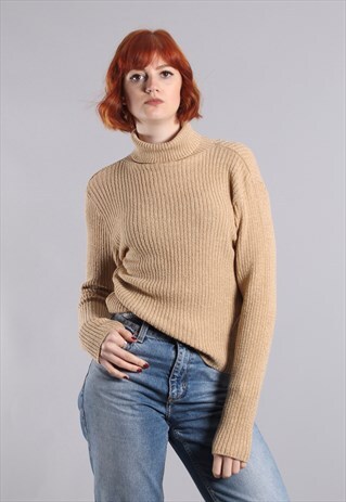 VINTAGE 90S BEIGE TEXTURED RIBBED KNIT POLO ROLL NECK JUMPER