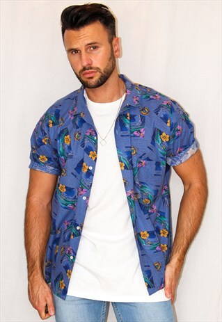 VINTAGE FLORAL PRINT ROLL SLEEVE FESTIVAL SHIRT