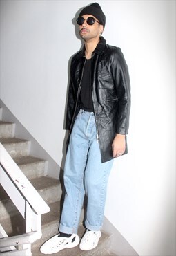 Vintage 90s AZOI Black Matrix Style Leather Jacket L