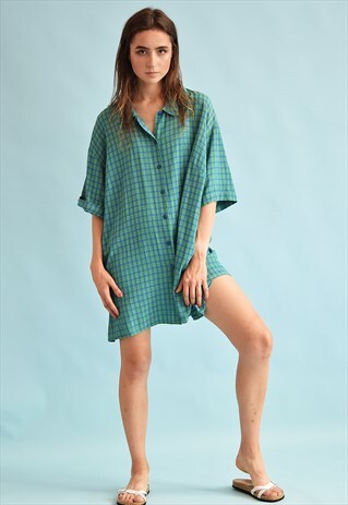 90'S RETRO CHECKED OVERSIZED MINI SHIRT DRESS