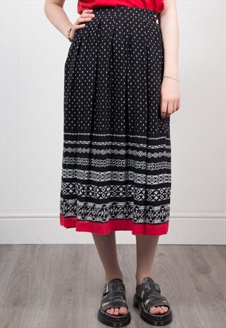 VINTAGE BLACK PATTERNED BOHO MIDI SKIRT