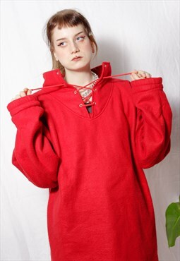 90s grunge y2k sports red oversized lace-up fleece jumper
