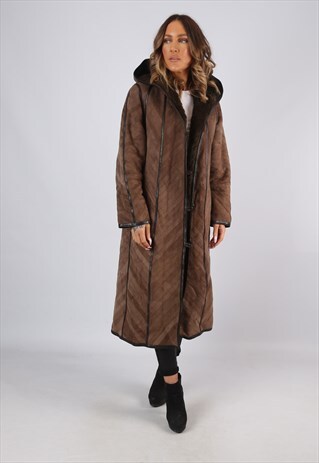 SHEEPSKIN SUEDE LEATHER SHEARLING HOODED COAT UK 12 - 14 JBK