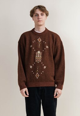 Vintage 80s Ethnic Embroidery Brown Knit unisex Jumper L