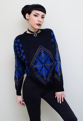 VINTAGE 90'S BLUE DIAMOND PATTERNED SLOUCHY JUMPER