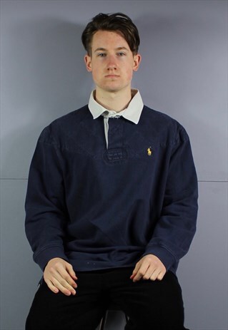VINTAGE POLO RALPH LAUREN RUGBY POLO SHIRT IN NAVY BLUE WITH
