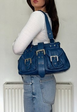 Blue Leather Vintage Buckle Shoulder Bag