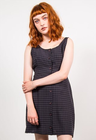 VINTAGE 90'S DARK CHECKED GRUNGE STYLE SLEEVELESS DRESS