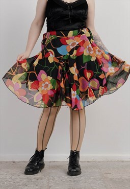 Vintage 90s Multicolor Floral Semi Sheer Midi Women Skirt 