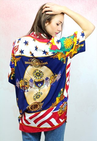 1990S VINTAGE AMERICAN FLAG PRINT VISCOSE BLOUSE