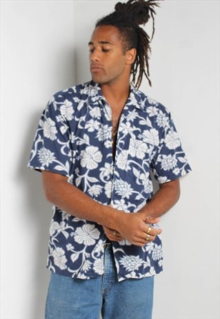 Vintage 90's Hawaiian Pattered Shirt Blue