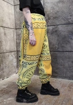 Paisley fleece joggers handmade bandanna overalls in yellow