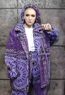 Paisley fleece coat hand made bandanna trench jacket purple