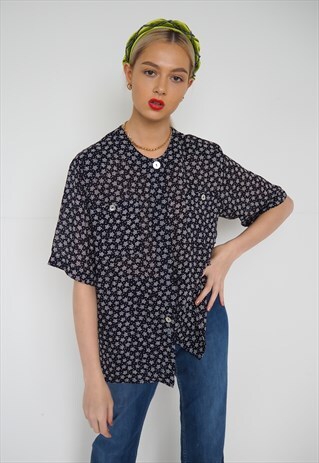 VINTAGE NAVY FLORAL BUTTON UP BLOUSE
