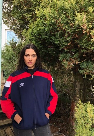VINTAGE UMBRO UNISEX BOMBER TRACK JACKET NAVY & RED