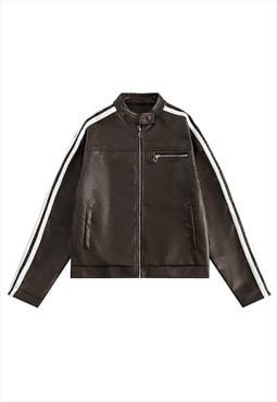 Striped racing jacket faux leather utility college bomber