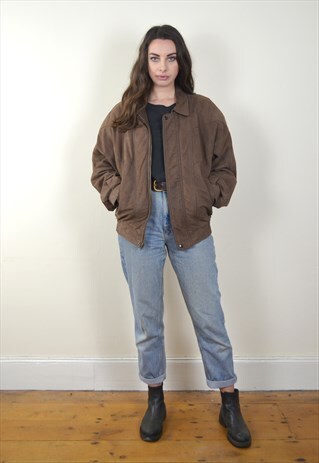90S VINTAGE BROWN LEATHER ZIP UP BOMBER JACKET