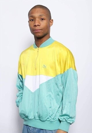 VINTAGE PUMA 1/4 ZIP LOGO TRACK JACKET BLUE YELLOW