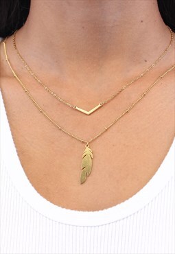 Layered Arrow Chain 18k Gold Feather Dangling Necklace 