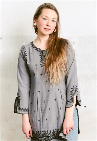 VINTAGE 80S BEADED TUNIC MINI DRESS IN GREY