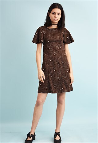 VINTAGE 70'S RETRO MOD FLORAL PRINT SMOCK MINI DRESS