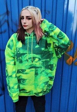 Eye print gradient hoodie tie-dye pullover in neon green