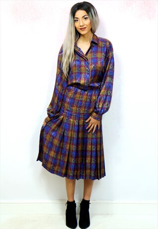 1980S VINTAGE PURPLE CHECK PLEATED MIDI DRESS