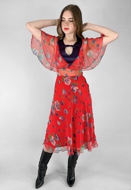 70's Vintage Xenoulla Red Caped Sheer Floral Midi Dress