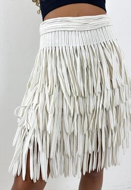 Vintage 90s couture fringed white skirt 