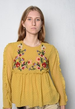 Vintage Y2K 00s Boho floral embroidered sheer Top blouse 