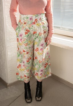 Vintage 90's White Floral Print Wide Trousers
