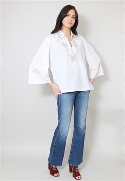 70's Vintage Long Sleeve White Blouse Embroidery 