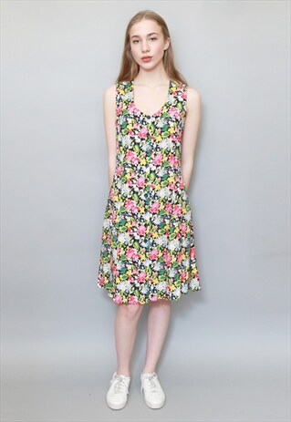 VINTAGE 1990'S CROSS BACK FLORAL PRINT MINI DRESS