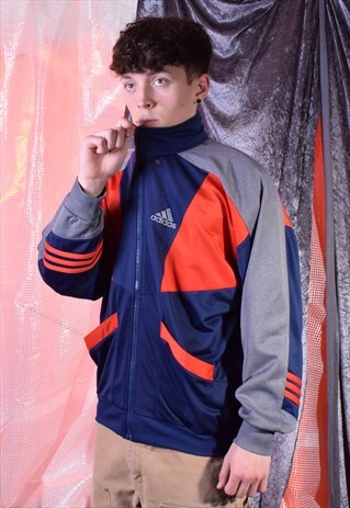 VINTAGE ADIDAS NAVY, ORANGE AND GREY TRACK JACKET
