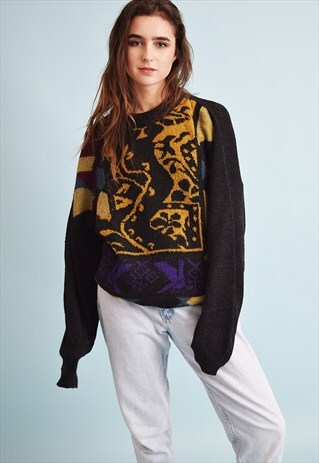 80'S RETRO OVERSIZED ABSTRACT KNIT GRANDADS JUMPER TOP