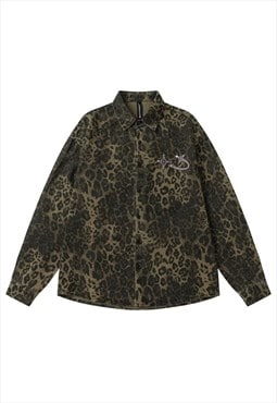 Leopard denim shirt button up animal print jean jacket green