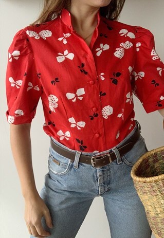 VINTAGE 40S ALAIN FIGARET BOW PRINT PARISIAN BLOUSE TOP