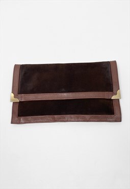 70's Ladies Vintage Brown Suede Leather Clutch Bag