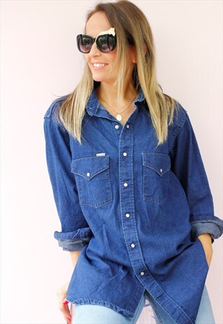 VINTAGE 80'S DARK BLUE DENIM COLLARED SHIRT BLOUSE