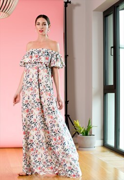 Maxi Floral dress, White Summer dress, off shoulder dress