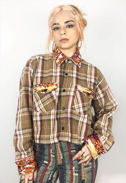  Upcycled Reworked Flannel Shirt In Tartan And Coral Print