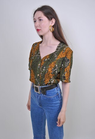MULTICOLOR VINTAGE BLOUSE, 80S BROWN SHIRT WITH SHORT SLEEVE