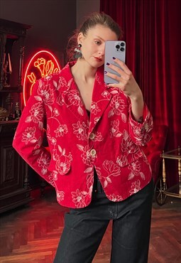 Red Embroidered Linen Blazer, Summer Linen Jacket