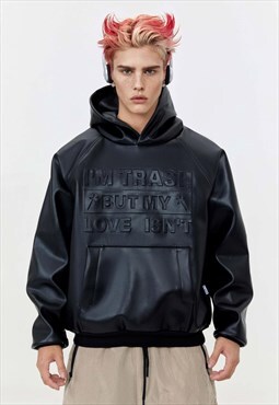 Faux leather hoodie PU pullover utility punk jumper in black