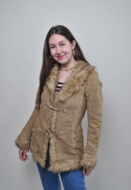Fake Shearling Jacket, hipster Faux Suede overcoat, 90s 